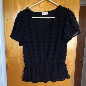 SO Black Swiss Dot V-Neck Peplum Blouse